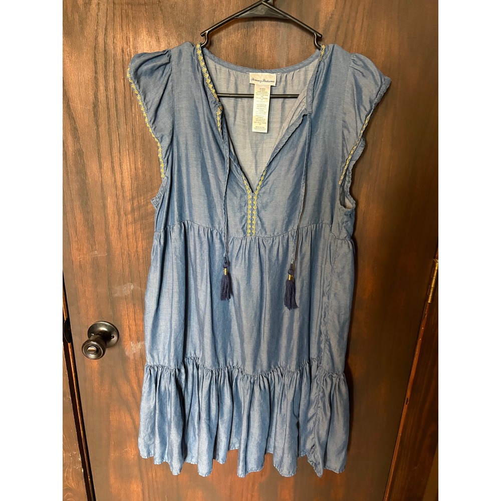 Tommy Bahama Womens Tencel Chambray Tiered Babydoll Dress Blue Small